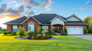 Single-story brick house with large windows, black shutters, and a garage. Lush green lawn and colorful flowerbed in front. Bright sunset sky above.